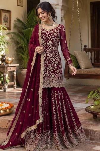Maroon faux georgette thread embroidery palazzo set