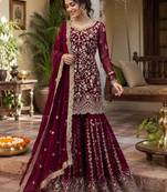 Maroon faux georgette thread embroidery palazzo set