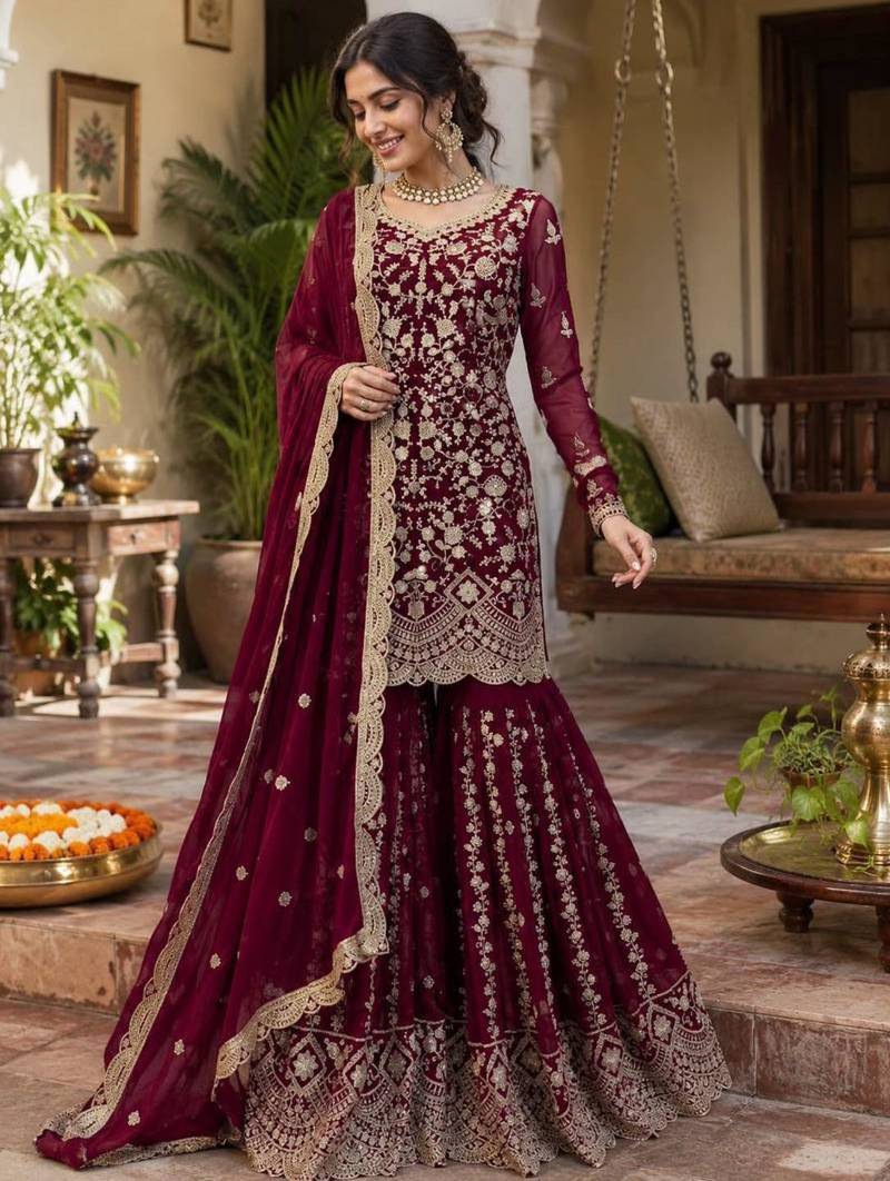 Maroon faux georgette thread embroidery palazzo set
