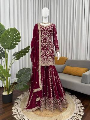 Maroon faux georgette thread embroidery palazzo set 2