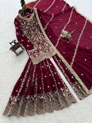 Maroon faux georgette thread embroidery palazzo set 3