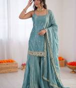 Blue art silk thread embroidery palazzo set