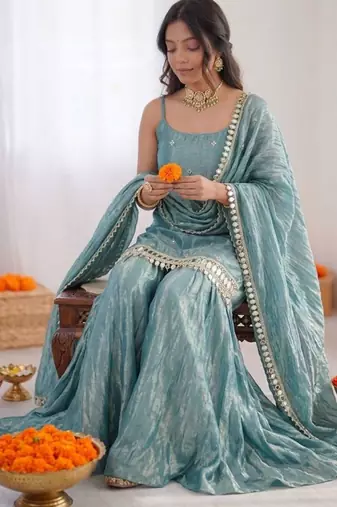 Blue art silk thread embroidery palazzo set