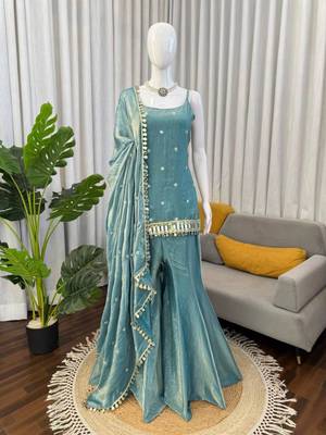 Blue art silk thread embroidery palazzo set 3