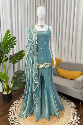 Blue art silk thread embroidery palazzo set