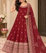 Red art silk embroidered flared gown set