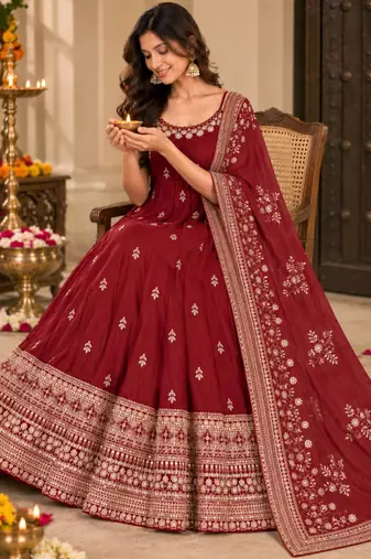 Red art silk embroidered flared gown set