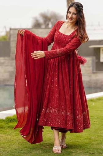 Red georgette embroidered anarkali set
