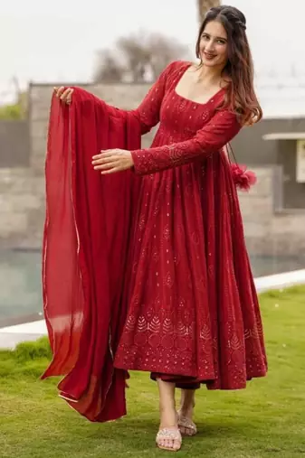 Red georgette embroidered anarkali set