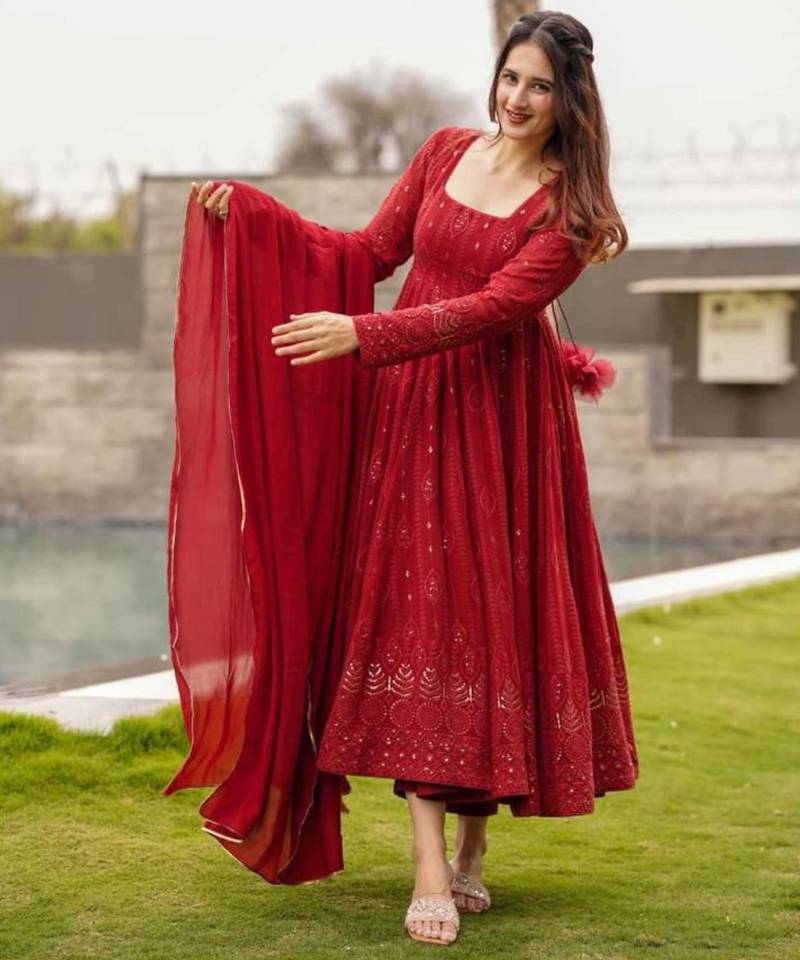 Red georgette embroidered anarkali set