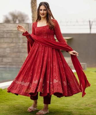 Red georgette embroidered anarkali set 3