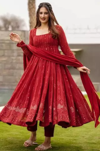 Red georgette embroidered anarkali set