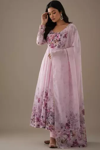 Light-lavender pure organza printed anarkali set
