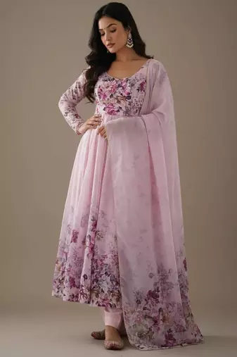 Light-lavender pure organza printed anarkali set