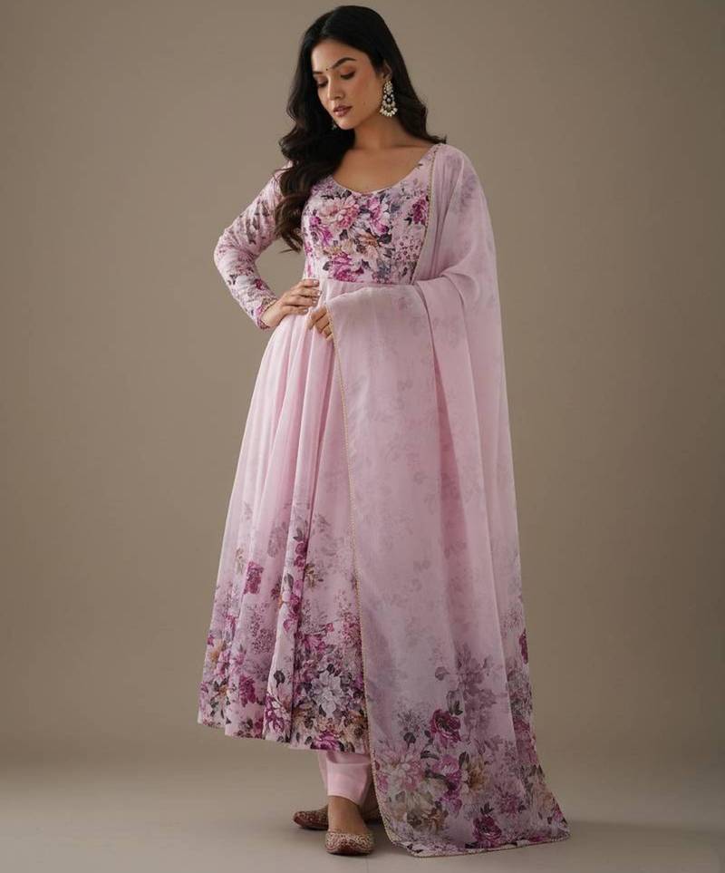 Light-lavender pure organza printed anarkali set
