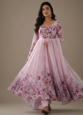 Light-lavender pure organza printed anarkali set 3