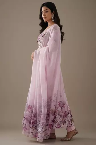 Light-lavender pure organza printed anarkali set