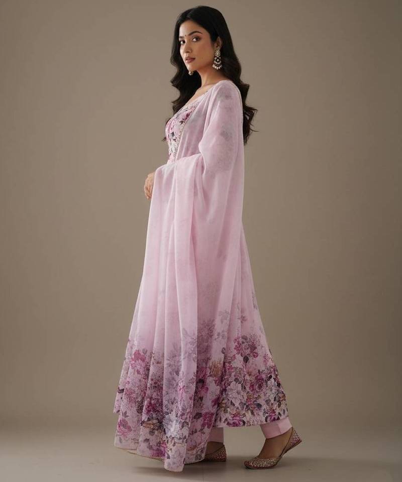 Light-lavender pure organza printed anarkali set