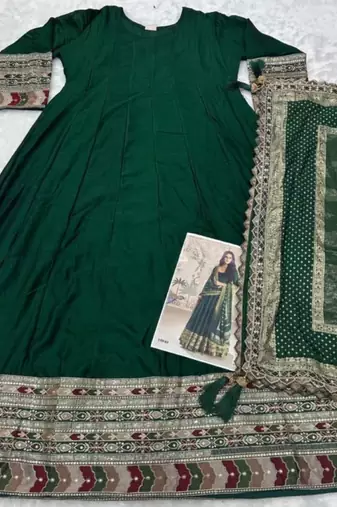 Green silk blend embroidered flared gown set