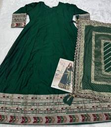 Green silk blend embroidered flared gown set