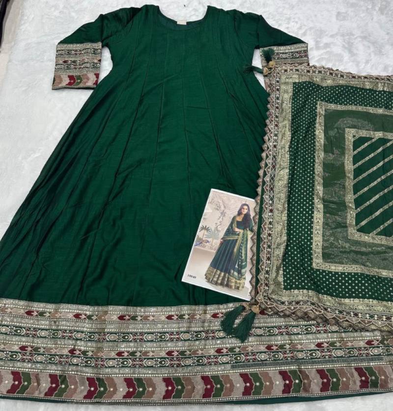 Green silk blend embroidered flared gown set