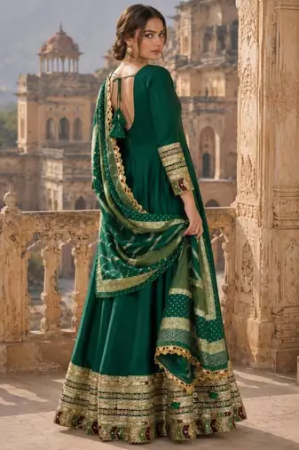 Green silk blend embroidered flared gown set
