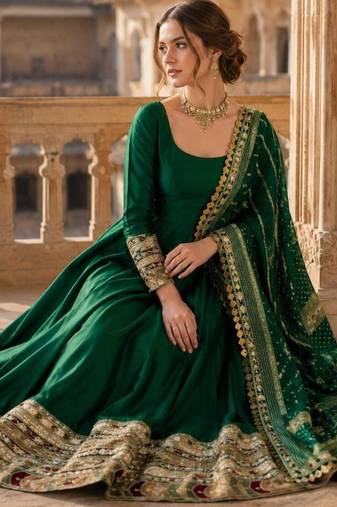 Green silk blend embroidered flared gown set