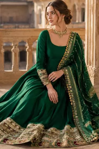 Green silk blend embroidered flared gown set