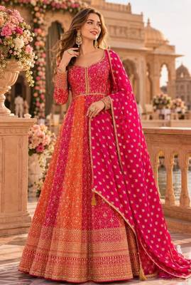 Multicolor faux georgette hand embroidery flared gown set 1