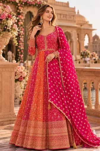 Multicolor faux georgette hand embroidery flared gown set