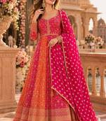 Multicolor faux georgette hand embroidery flared gown set