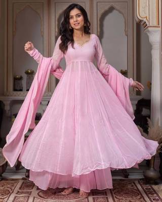 Pink faux georgette hand embroidery flared gown set 1