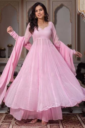 Pink faux georgette hand embroidery flared gown set