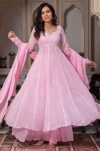 Pink faux georgette hand embroidery flared gown set