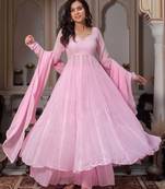 Pink faux georgette hand embroidery flared gown set
