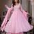 Pink faux georgette hand embroidery flared gown set