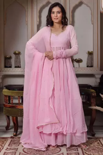 Pink faux georgette hand embroidery flared gown set
