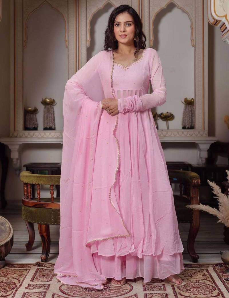 Pink faux georgette hand embroidery flared gown set