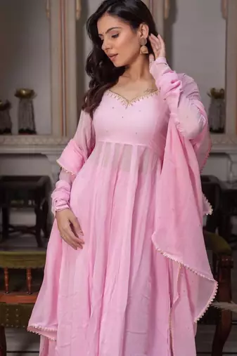 Pink faux georgette hand embroidery flared gown set