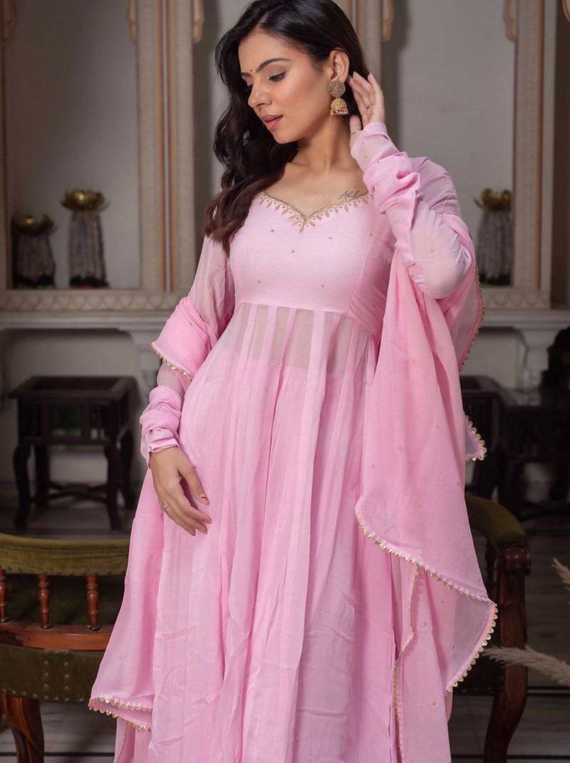 Pink faux georgette hand embroidery flared gown set