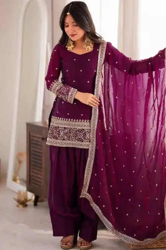 Wine silk blend embroidered salwar kameez