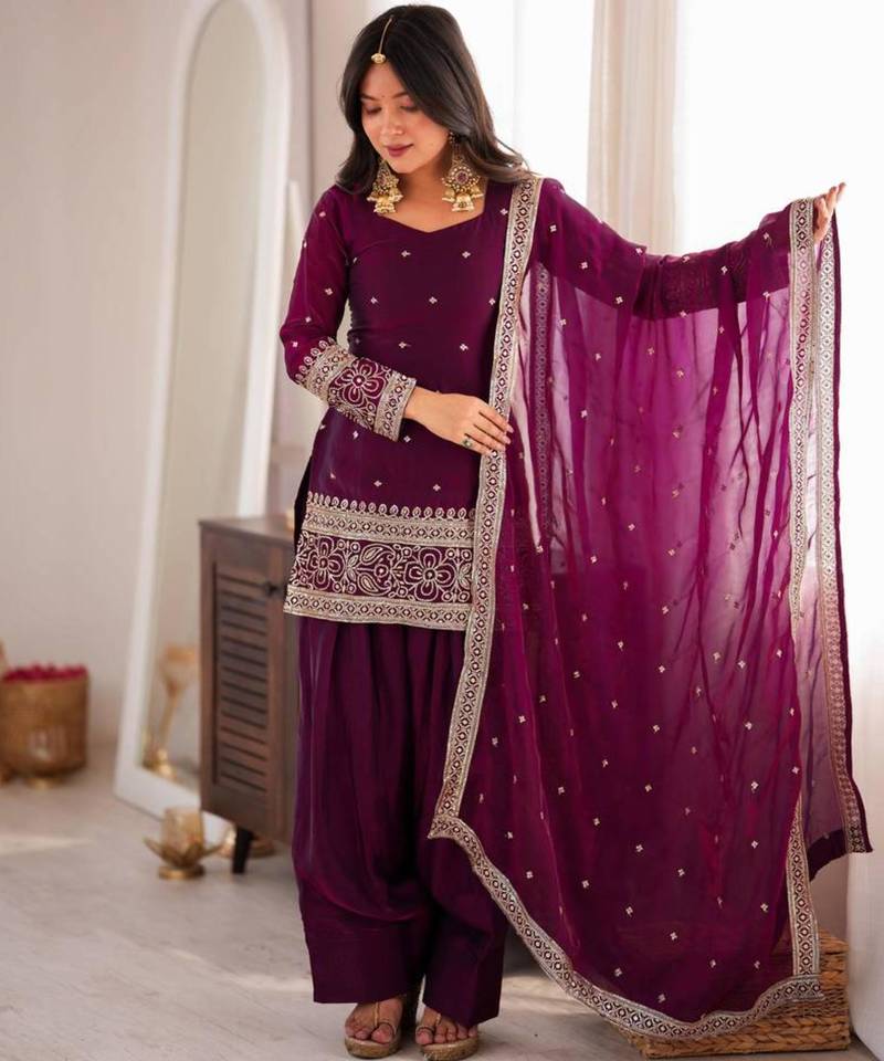 Wine silk blend embroidered salwar kameez
