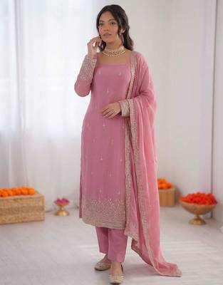Light-pink georgette thread embroidery kurta set 1