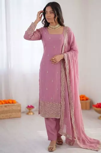 Light-pink georgette thread embroidery kurta set