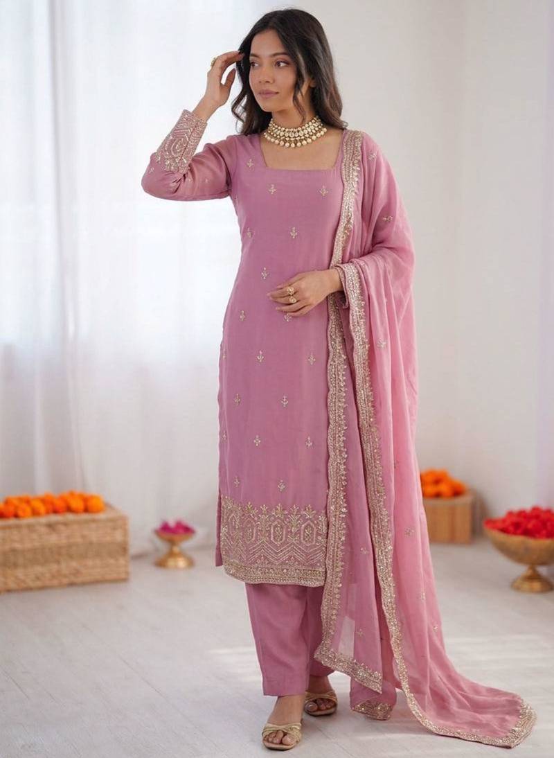 Light-pink georgette thread embroidery kurta set