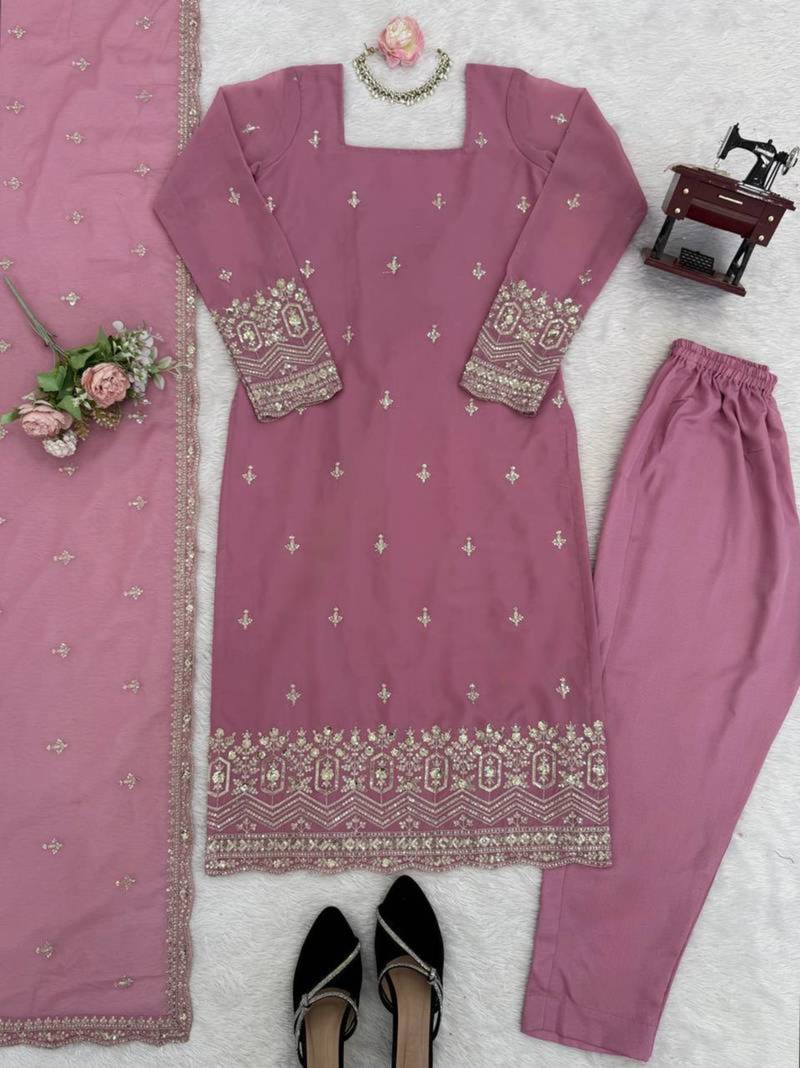 Light-pink georgette thread embroidery kurta set