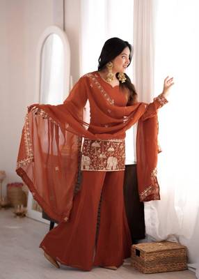 Dark-orange silk blend embroidered palazzo set 1