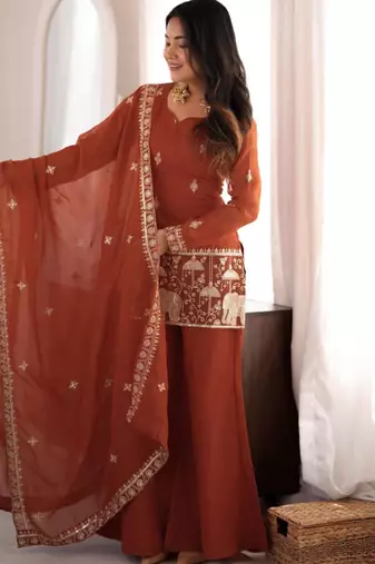 Dark-orange silk blend embroidered palazzo set