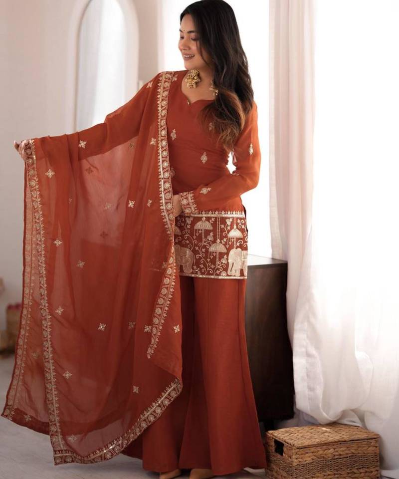Dark-orange silk blend embroidered palazzo set