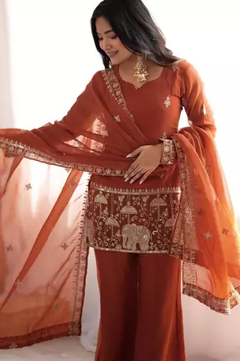 Dark-orange silk blend embroidered palazzo set